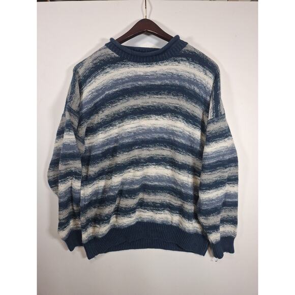 Bowmen & Wright Blue White Ramie Cotton Cable Knit Crewneck Sweater Mens MED - Picture 1 of 5